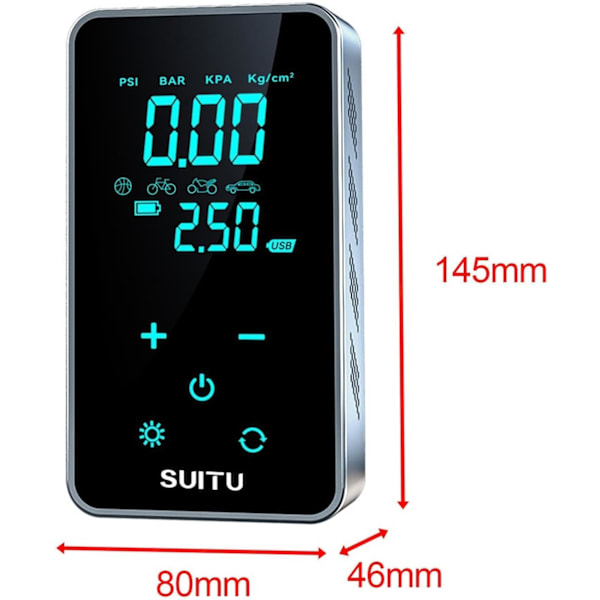 5V 1A Genopladelig Mini Elektrisk Luftpumpe til Dæk med Digital Display 14.5 x 8 x 4.6cm Sort