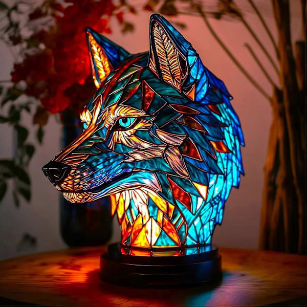 Malt Animal Bordlampe, Marokkansk Lanterne Dekorativ Skrivebordslampe Nattlys Mosaikk Glass Sengelampe Estetisk Dekor for Soverom wolf shape