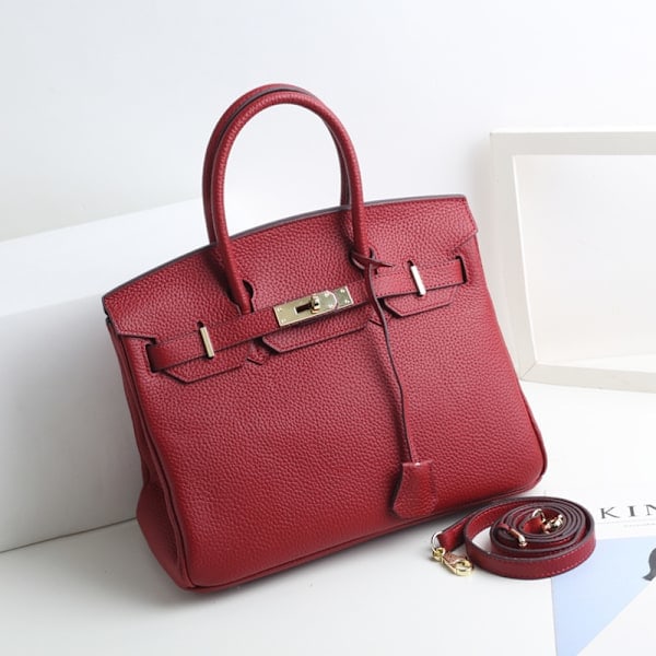 Handväska i läder för kvinnor, Tote Bag i första lagret koskinn, Pendlarväska Crossbody Claret 30cm