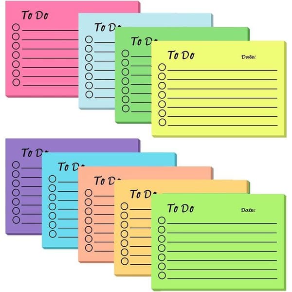 Set med 9 linjerade post-it-lappar, 7,6 x 10,2 cm, för skolplanering och kontorsmaterial.