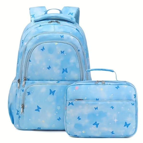2-delad ryggsäck och lunchväska set, söt fjärilstryckt student ryggsäck, stor kapacitet ryggsäck lunchväska 2-delad set, mode student ryggsäck blue