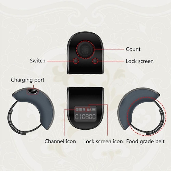 Mini Digital LCD Elektronisk Fingerring Handräknare 6 Siffror Uppladdningsbara Räknare Klickare-Svart