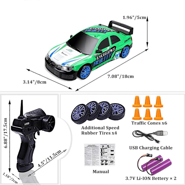 RC-ajokki, 15 km/h, naarmuuntumaton, kevyt, ladattava, matalan kitkan kaukosäädöllä toimiva auto Green