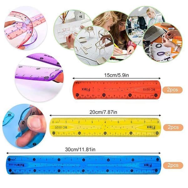 Färgglada multifunktionella, okrossbara plastlinjaler, slumpmässiga färger, vikbara, metriska linjaler.