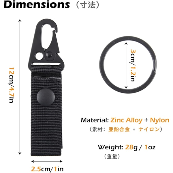 2 stk. Taktisk bælte nøgleholder nøglering bælteclips webbing spænde rem nøglering til rygsækrejse udendørs camping vandreture Black