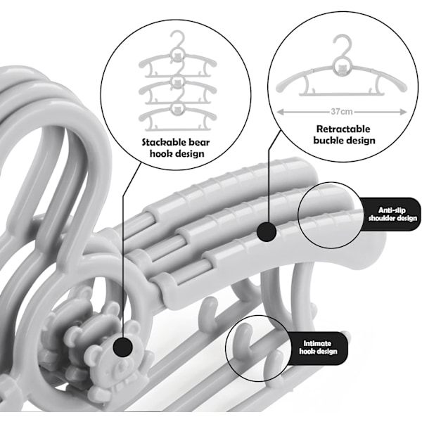 Utvidbare barnehenger, kleshengere for barn med plassbesparende stablebare kroker, sklisikre småbarnshengere for klær og kjoler (grå) Grey