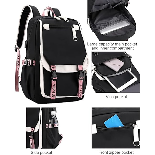 Teinityttöjen lukio-opiskelijan reppu, ulkoilureppu USB-latausportilla, 4# Pinkki Musta, 21 litraa negro