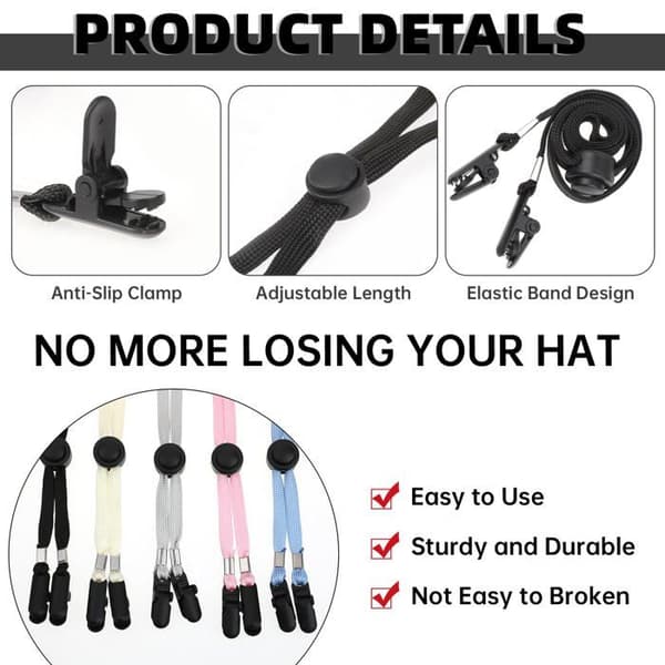 Hattestropper - 5 stk., justerbare, elastiske - Velegnet til hageremme, anti-tab