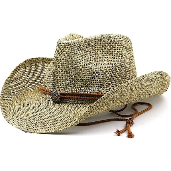 Halm Cowboyhatt Menn Kvinner Western Cowgirl Hatt Panama Cowboy Caps med Bånd og Hakestropp Western Hatt