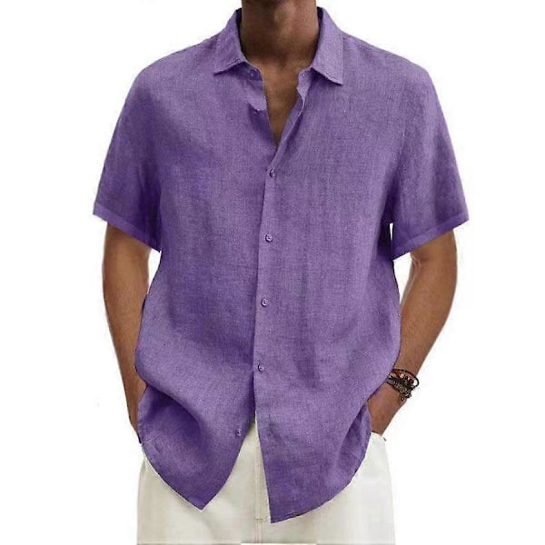 Sommer Revers Knap Op Bomuld Hør Skjorte Ensfarvet Herre Toppe purple XXXXL