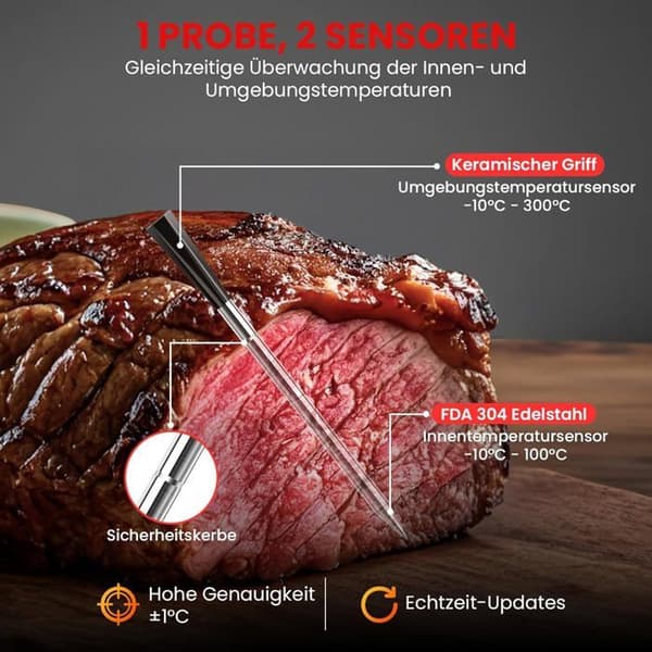 Trådløst køkkentermometer med dobbelt sensor, timer og alarm, velegnet til tilberedningsmetoder som grillning.