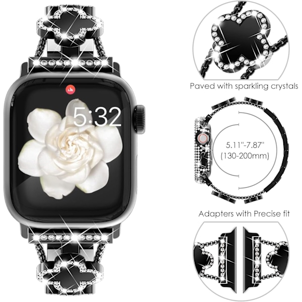 Armbåndsrem kompatibel med Apple Watch Sparkling Fashion Women Metal Bling Diamond Rustfrit Stål Link Remme Udskiftningsrem Black/Black Leaf 38/40/41mm