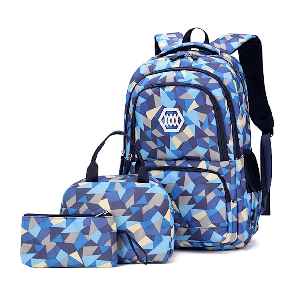 Geometriskt mönstrad barnryggsäck, 48 x 24 x 33 cm, lämplig för flickor, pojkar, grundskoleelever, ryggsäckar och skolväskor Blue