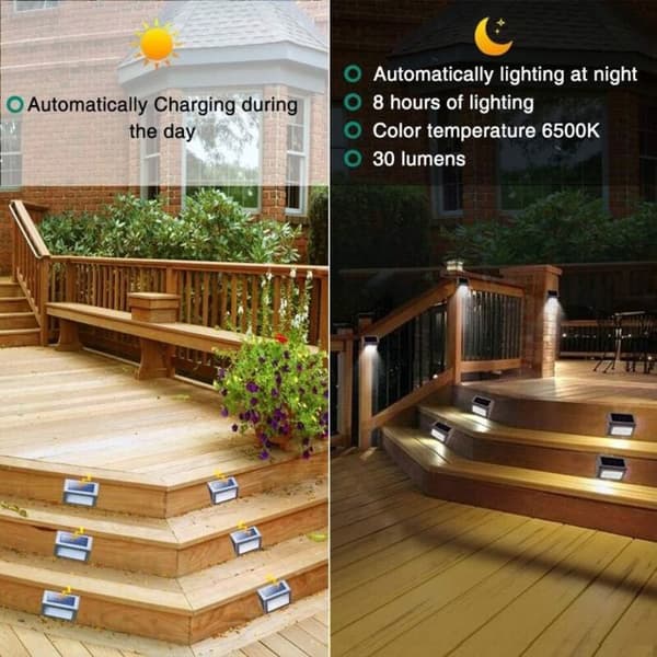 Udendørs solcellelampe - 4 LED'er 6000K - IP44 vandtæt - Skumring-til-daggry sensor - Trapper/Hegn