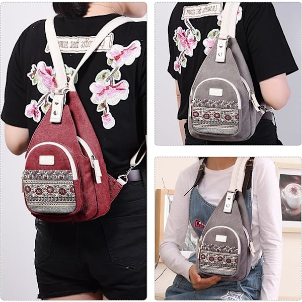 Mini Canvas Ryggsekk for Kvinner Crossbody Veske Brystveske Sling Bag Flere Lommer Skuldervesker Liten Crossbody Ryggsekk A
