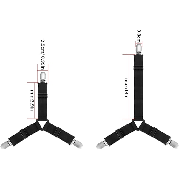 8 stk Senglaken Klips Stropper Justerbar Trekant Festespender Elastisk Hjørne Suspenders Grippers Holder for Madrass Trekk Sofa Pute (Svart)