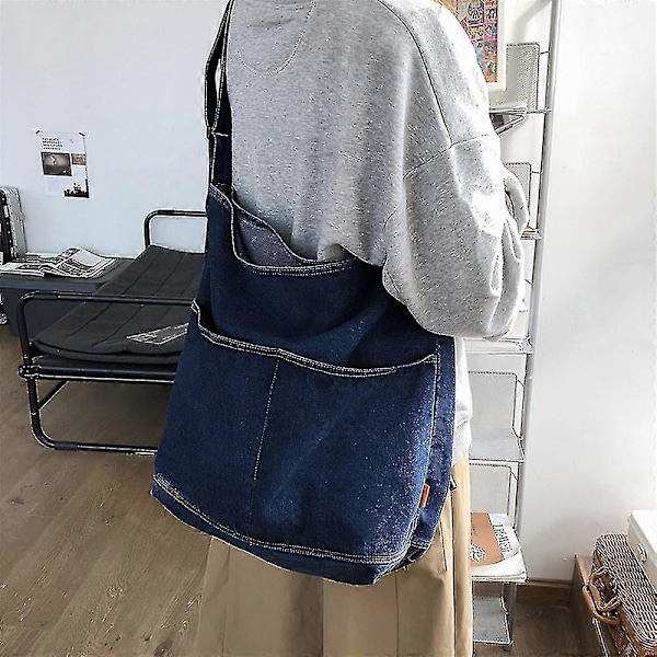 Naisten denim-kangaskassi, säädettävä olkahihna ja sivutasku Dark Blue