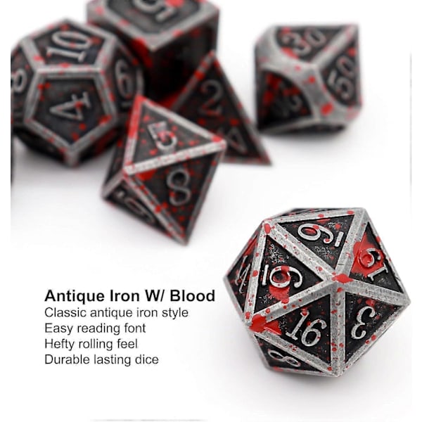 Blodflekket Metall DND Terning Sett Blodflekket Terning D&D Polyedrisk RPG Terning (Antikk Jern Rød)
