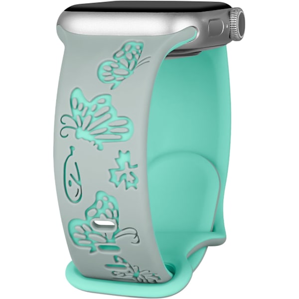 Blomstergravert Rem for Apple Watch-reimer Kvinner Dameklokke Rem, Silikon Søt Blomst Sommerfugl Sportbånd for Apple Watch-serie Gray Cyan 38/40/41mm