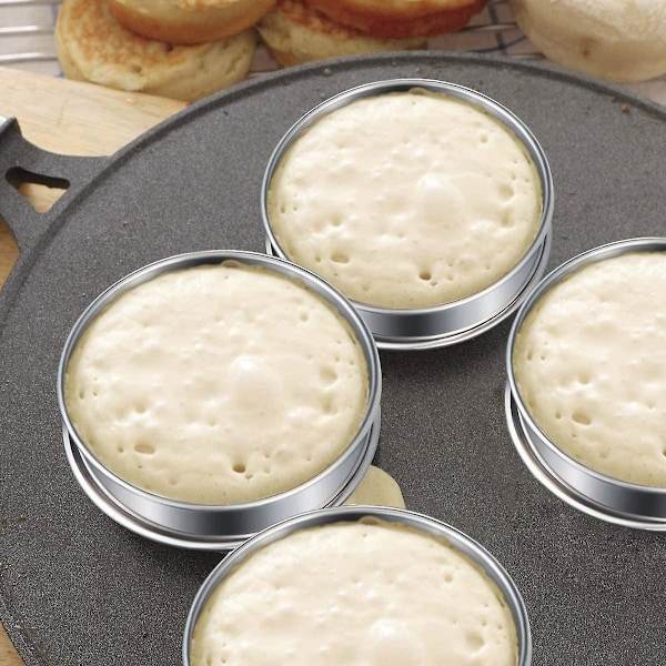 6 kpl 4 tuuman kaksoisvalssattuja englantilaisia muffinirenkaita, ruostumattomasta teräksestä valmistettuja crumpet-renkaita, kakkupannuja, pyöreitä