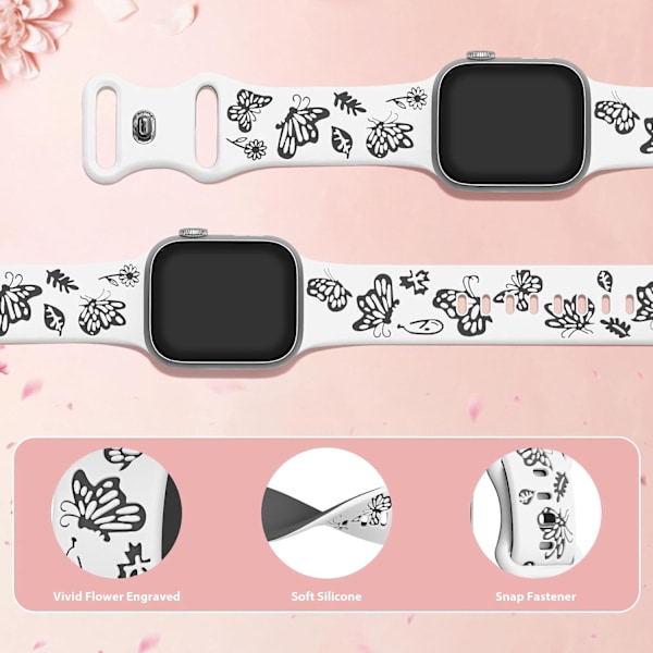 Blomstergraveret Rem til Apple Watch Remme Kvinder Dame Urrem, Silikon Sød Blomst Sommerfugl Sportbånd til Apple Watch Serie White Black 38/40/41mm