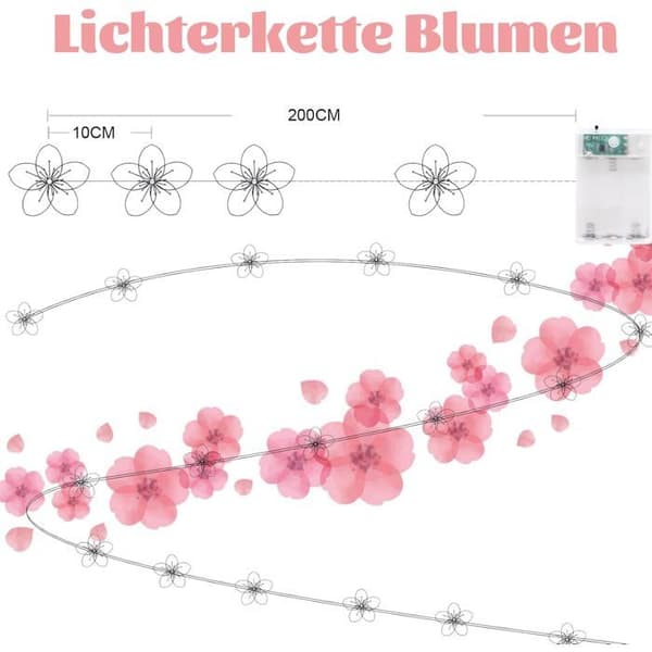 Dekorative LED kirsebærblomst lyskæde, 2m, med 20 batteridrevne LED'er og timerfunktion - til indendørs brug