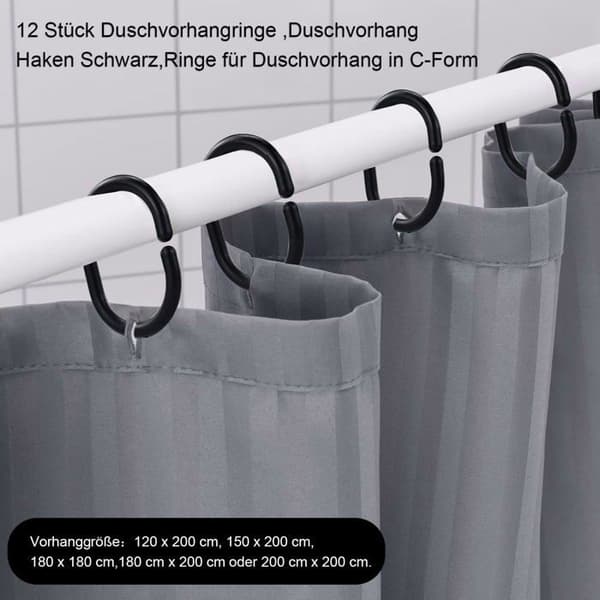 Sæt med 12 plastik skyde-bruseforhængsringe - sort (ring001)