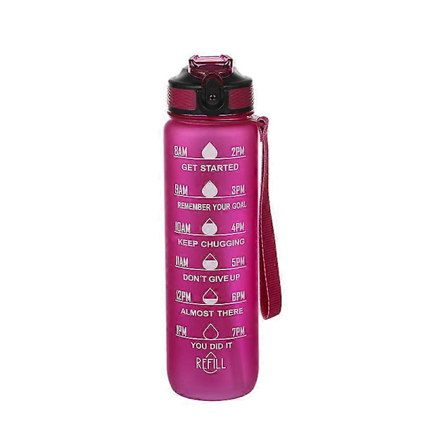 1 litran motivoiva urheilujuomapullo pillillä, tiivis, BPA-vapaa muovinen juomapullo 1l, suunniteltu tytöille ja pojille juoksuun ja pyöräilyyn rose red