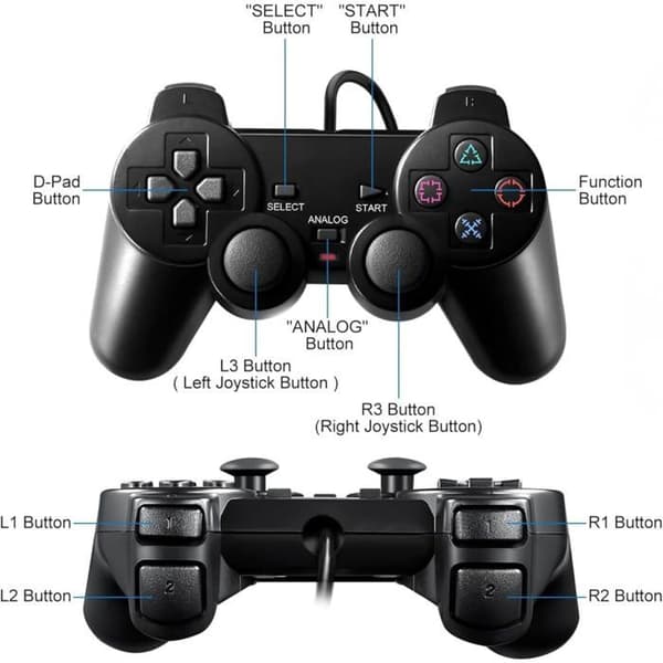 En kablet controller, kompatibel med PS2, med dobbelt vibration, et ergonomisk greb og et gaming-joystick.