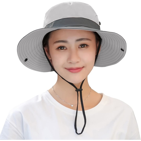 Kvinders hestehale solhat UV-beskyttelse Foldbar mesh bred skygge strandfiskerhat Two-color adult—light gray