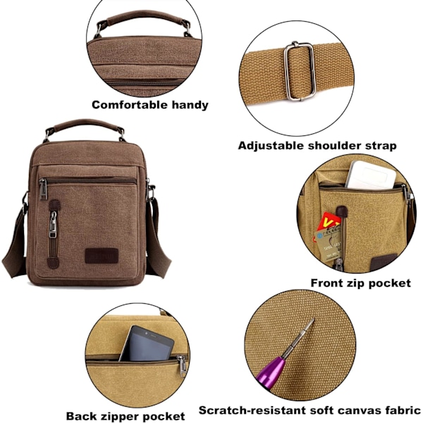 Små Crossbody Axelväskor för Resor Messenger Väska Canvas Telefonväska Herrhandväska med Flera Fickor för Arbete Vandring