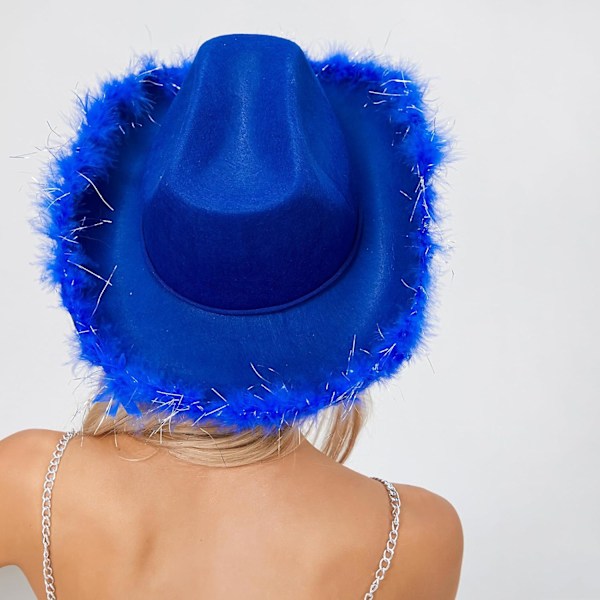 Cowboyhatte til Kvinder Plysset Fjederkant Cowgirl Hat til Polterabend, Kostumefest, Leg Klæd Dig Ud Royalblue