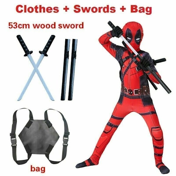 Deadpool Kostume Cosplay Børn Bodysuit Drenge Børnekostume til Børnedag clothes + swords + bag 11-12 years (150cm）