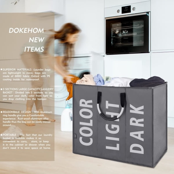 Stor sammenleggbar klesvaskpose for 3-roms klesvaskkurv for soverom, stoff (mørkegrå)