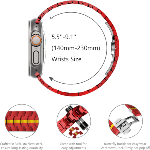 Apple Watch Ultra -ranneke 49mm 45mm 44mm 42mm -sarja miehille, metallirannekkeet iWatch-miesten ruostumattomasta teräksestä valmistetulle rannekkeelle Red/Gold 42/44/45/49mm