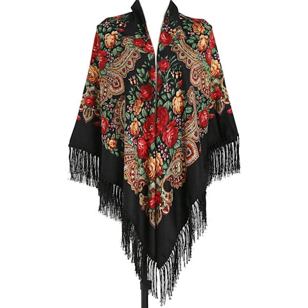 62\"*62\" Oversized Tradisjonell Retro Sjal Wrap Tassel Frynser Blomster Poncho Sjal Trykk Sjal for Kvinner Black