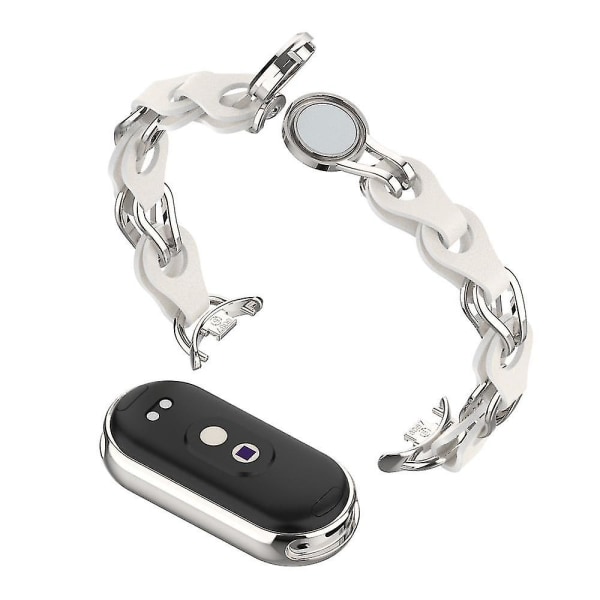 For Xiaomi Smart Band 8 Magnetic Watch Band Ekte kuskinn + kjedearmbånd i aluminiumslegering White