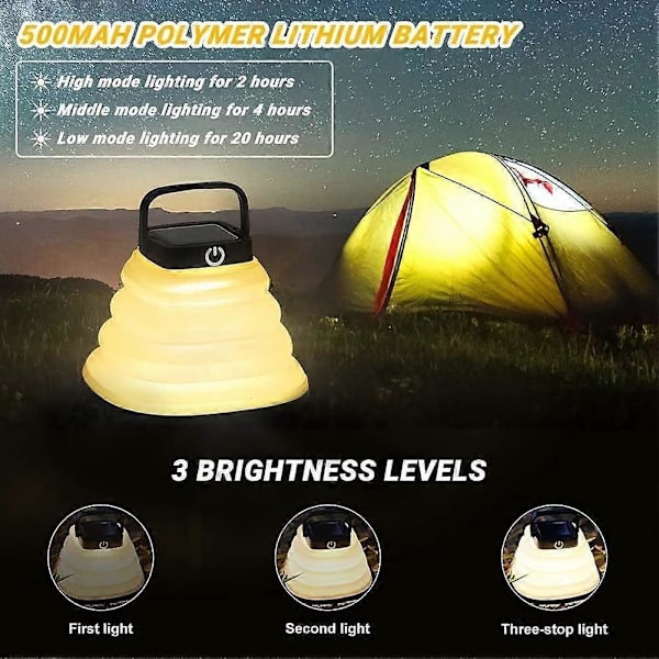 Camping Light Solar LED-lys Sammenleggbart LED-lys Camping Light 3 Dimmende Moduser Lommelykt Camping Light