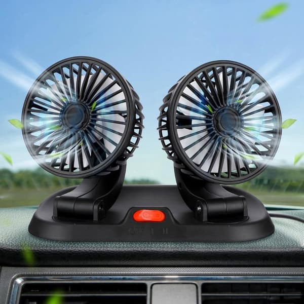 Dobbelt hoved bilventilator, 360° roterende ventilator, kraftig lydløs ventilator, 2 hastigheder, USB bærbar