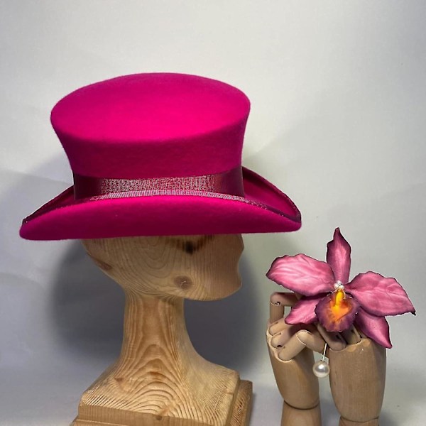 Asymmetrisk Tophat i Uld - Dame, Herre, Unisex - Steam Punk Hat - Tophat med Modebånd - Dekorativ Hat til Mænd - yu Hot Pink One Size