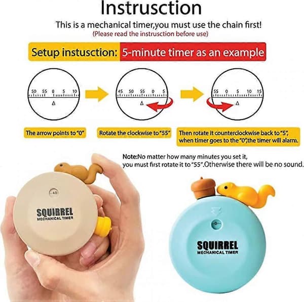 Timer för barn, magnetisk kökstimer, 60-minuters visuell timer, söta mekaniska timers för klassrum, matlagning, läsning, gym (ekorre) - 2-pack