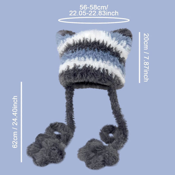 Kissakorva pipo naisille, korvasuoja, tuulenpitävä hiihtopipo, talvihattu sininen ja harmaa Blue and Gray Hat Circumference 56cm to 58cm