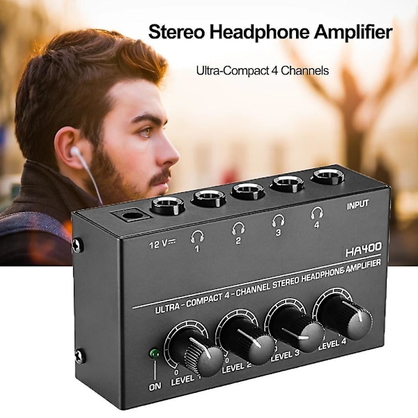 HA400 Stereo Ljudmixer Hörlursförstärkare 4 Kanaler RCA Ingångar Separata Volymkontroller med Strömadapter US/EU US