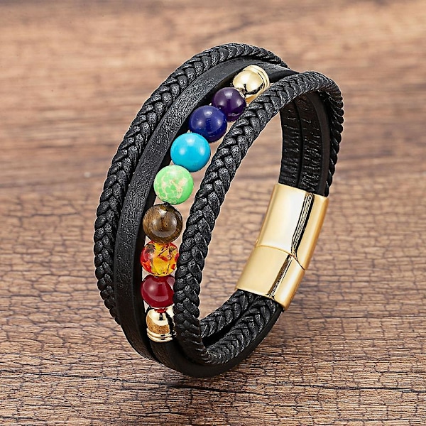 7 Chakra Natursten Handgjorda Flätade Läderarmband Män Kvinnor Färgglada Reiki Healing Pärlarmband h1 21cm