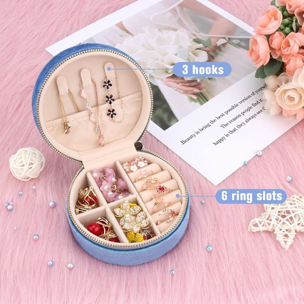Mini Velvet Rejse Smykkeskrin, Rejse Smykkeboks Organizer, Lille Smykke Organizer Opbevaring til Ringe Øreringe Halskæder Armbånd Semicircle Blue