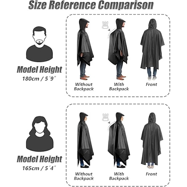 Vattentät Poncho Vuxen, Återanvändbar Regnponcho Vuxen Vattentät Poncho Vattentät Vuxen Lätt Vattentät Regnkappa för Utomhusvandring Camping Black