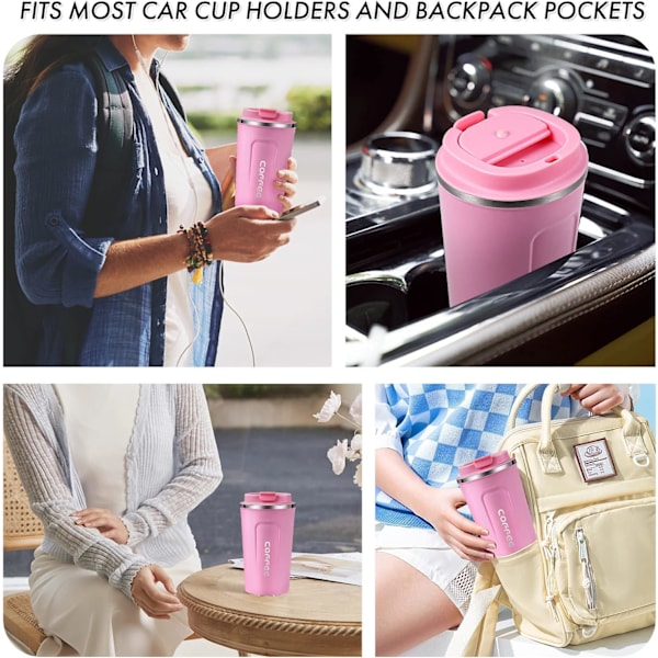 Reseterbar Reseförvaringsmugg med Läcksäker Lock, Isolerad Kaffekopp för Varma & Kalla Drycker/Te, Bärbar Termos i Rostfritt Stål, Take Away Reseförvaringsmugg Pink 380ml