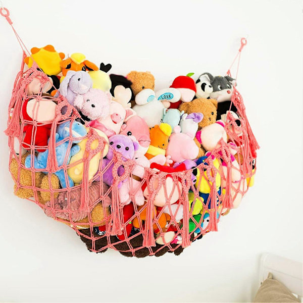 Väggmonterat gosedjursnät med tofsar Extra Stort Boho Handgjort Bomullsrep Barn Fyllda Dockor Gosedjur Hängmatta Organizer Barnkammare Sovrum Lekrum Ho Pink