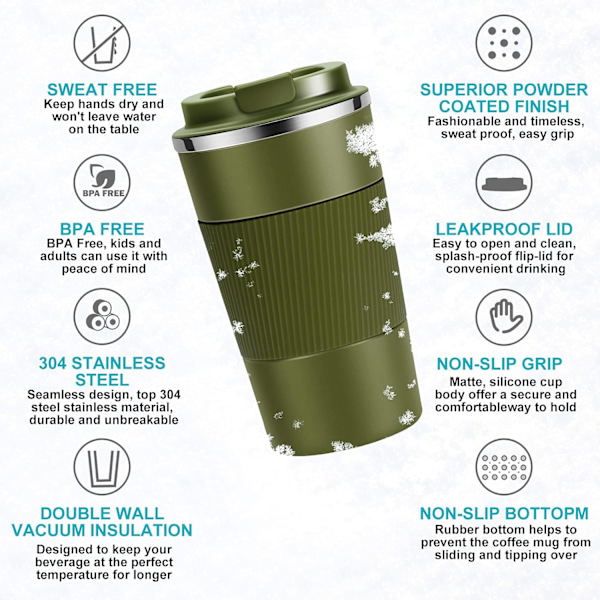 Resanvändbar Termosmugg Kaffe Koppar Vakuumisolering Rostfritt Stål Flask för Varma Kalla Drycker Green 510ml