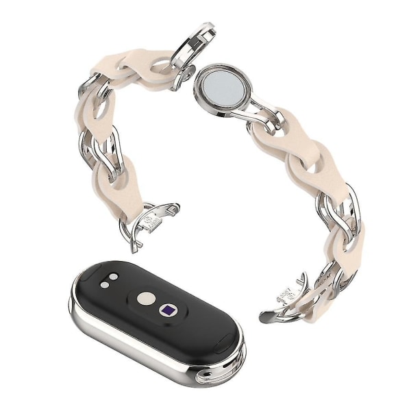 För Xiaomi Smart Band 8 Magnetic Watch Band Äkta koläder+kedjearmband av aluminiumlegering Starlight